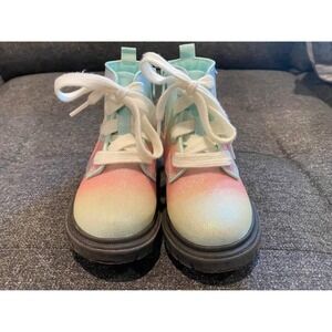 Kids Girls Glitter Rainbow Ombre Lace Up Zip Combat Boots Chunky Sole